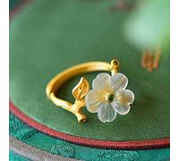 Alte Gold Handwerkskunst Silber Inlaid Natürliche Hetian Jade Blume Öffnung Verstellbarer Ring Damen Schmuck (Gem Color : White, Ring Size : Resizable)