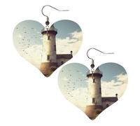Alte Leuchtturm-Leder-Ohrringe für Frauen, Herz-Ohrringe, leichte Tropfenohrringe, Schmuckgeschenk, Einheitsgröße, Leder, Kein Edelstein
