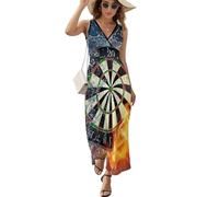 ALTQPG Darts Feuer Damen Ärmelloses Maxikleid Lang Kleid V-Ausschnitt Strandkleid Freizeitkleid