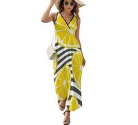ALTQPG Gelbe Zitrone Damen Ärmelloses Maxikleid Lang Kleid V-Ausschnitt Strandkleid Freizeitkleid