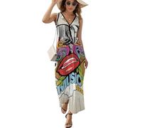 ALTQPG Musikinstrument Damen Ärmelloses Maxikleid Lang Kleid V-Ausschnitt Strandkleid Freizeitkleid