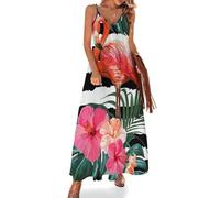 ALTQPG Palmenblatt Flamingo Damen Ärmelloses Maxikleid Lang Kleid V-Ausschnitt Strandkleid Freizeitkleid