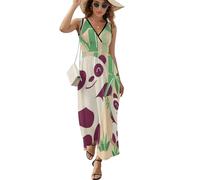 ALTQPG Panda Damen Ärmelloses Maxikleid Lang Kleid V-Ausschnitt Strandkleid Freizeitkleid