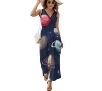 ALTQPG Planet Weltraum Damen Ärmelloses Maxikleid Lang Kleid V-Ausschnitt Strandkleid Freizeitkleid