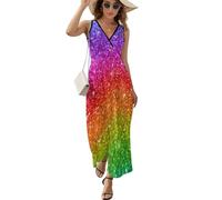 ALTQPG Regenbogen Paillette Damen Ärmelloses Maxikleid Lang Kleid V-Ausschnitt Strandkleid Freizeitkleid