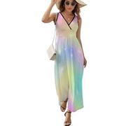 ALTQPG Regenbogenfarbe Damen Ärmelloses Maxikleid Lang Kleid V-Ausschnitt Strandkleid Freizeitkleid