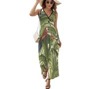 ALTQPG Retro-Papagei Damen Ärmelloses Maxikleid Lang Kleid V-Ausschnitt Strandkleid Freizeitkleid