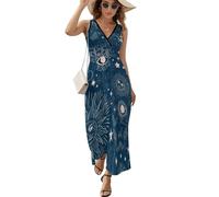ALTQPG Sterne Sonne Mond Damen Ärmelloses Maxikleid Lang Kleid V-Ausschnitt Strandkleid Freizeitkleid