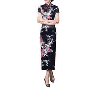 Altsuceser Frauen Blumendruck Cheongsam Kurzarm Stehkragen Hohe Seite Split Chinesische Knoten Knöpfe Slim Fit Qipao Traditionelles Kleid, Schwarz , XXXXL