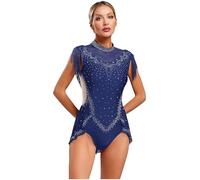 Alvivi Damen Eiskunstlauf Kleid Glitzer Ballettkleid mit Fransen Eislaufkleid Strass Glänzend Ballettanzug Turnanzug Gymnastik Kleidung Marine Blau L