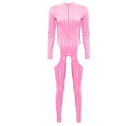 Alvivi Damen Jumpsuit Wetlook Langarm Ouvert Body Leder-Optik Ganzkörperanzug Catsuit Overall Ouvert Hose Tight Leggings Party Clubwear Rosa M