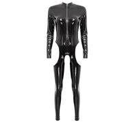 Alvivi Damen Jumpsuit Wetlook Langarm Ouvert Body Leder-Optik Ganzkörperanzug Catsuit Overall Ouvert Hose Tight Leggings Party Clubwear Schwarz XXL
