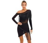 Alvivi Damen Latein Tanzkleid Glitzer Eiskunstlauf Kleid Langarm Ballettkleid mit Fransen Rock Tango Chacha Rumba Salsa Lyrisch Tanzkleid Schwarz XXL
