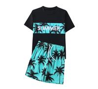 Alvivi Jungen Badeanzug Zweiteiler Hawaii Bademode Schwimmanzug Rashguard Kurzarm Shirt + Shorts Sommer Surfen UV Schutz Badeset B Kokosnussbaum 128-134