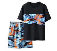 Alvivi Jungen Badeanzug Zweiteiler Hawaii Bademode Schwimmanzug Rashguard Kurzarm Shirt + Shorts Sommer Surfen UV Schutz Badeset B Camouflage 128-134