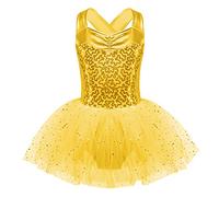 Alvivi Kinder Mädchen Ballettkleid Glitzer Pailletten Kleid Ballerina Jazz Latein Tanzkleid mit Tüllrock Gymnastik Turnanzug Wettbewerb Tanzkostüm A Gold 110-116
