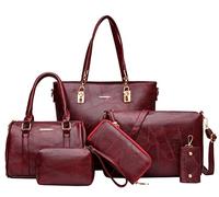 AlwaySky Damen 6-teiliges Handtaschen Set Umhängetasche Hobo Tote Shopper Schultertasche Tragetasche Clutches Geldbörse Wein