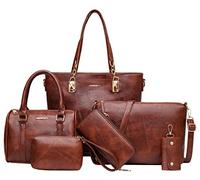 AlwaySky Damen 6-teiliges Handtaschen Set Umhängetasche Hobo Tote Shopper Schultertasche Tragetasche Clutches Geldbörse Braun