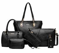 AlwaySky Damen 6-teiliges Handtaschen Set Umhängetasche Hobo Tote Shopper Schultertasche Tragetasche Clutches Geldbörse Schwarz