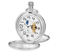 Alwesam Kupfer-Taschenuhr, Steampunk, mechanisch, Tourbillon, Mondphase, Handaufzug, Herrenuhren mit Ketten und Boxen (Silber), Silber - 2039, Jeden Tag