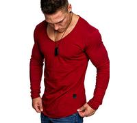 Amaci&Sons Oversize Herren Longsleeve Vintage Sweatshirt V-Neck Basic V-Ausschnitt Shirt 6060 Bordeaux S