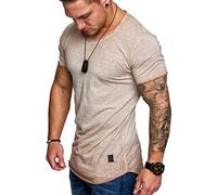 Amaci&Sons Oversize Herren Vintage T-Shirt Verwaschen Crew Neck Rundhals Basic Shirt 6033 Beige L