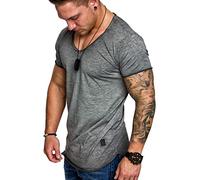 Amaci&Sons Oversize Herren Vintage T-Shirt Verwaschen V-Neck Basic V-Ausschnitt Shirt 6034 Anthrazit L