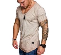 Amaci&Sons Oversize Herren Vintage T-Shirt Verwaschen V-Neck Basic V-Ausschnitt Shirt 6034 Beige S