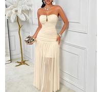 Amarilo Damen einfarbiges U-Ausschnitt Bindedetail Midi-Kleid, Wassertropfen Dekor Knöpfe, hochtailliertes plissiertes Mesh-Kleid, lässiges sexy Somme