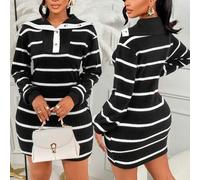 Amarilo Damen Herbst & Winter modisches elegantes schwarz-weißes gestreiftes Marineausschnitt-Langarmkleid, hochelastisches Strickkleid, geeignet für