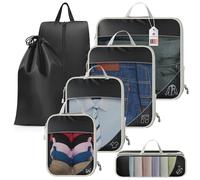 AMATHINGS Premium Kompressions-Packwürfel 7er Set - Reißfestes Nylon für 60% mehr Platz - Kofferorganizer mit smartem Icon-System gegen Reise-Chaos - Inkl. Schuhbeutel & Wäschesack - Schwarz