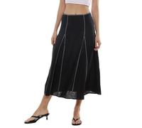 Amazhiyu Damen-Midirock aus reinem Leinen, hohe Taille, A-Linie, Sommer, lässig, Schwarz, Mittel