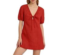 Amazhiyu Leinenkleid Damen Leinen Sommerkleid Minikleid Kleid Sommer Kurz Locker A-Linien Damenkleider Strandkleid V-Ausschnitt Kurzarm Freizeit Kleider Elegant, Orange, XL
