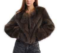 Amazhiyu Pelzmantel Damen, Plüschjacke Kurz Kunstpelz Mantel Kunstfell Jacke, Felljacke Pelzjacke Fleecemantel Langarm Faux Fur Coat, Wintermantel Offenem Kragen Mit Pockets, Braun, XL