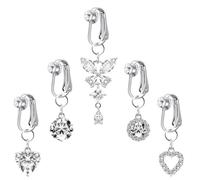 Amazluck 5 Stück Fake Bauchnabelpiercing Silber Bauchnabelpiercing Zum Anklipsen, Fake Piercing Bauchnabel, Chirurgenstahl Fake Belly Piercing mit Schmetterling Herz Kristallkugel Anhänge