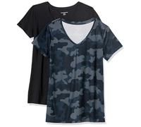 Amazon Essentials Damen Active Quick Dry Tech Stretch Kurzarm-T-Shirt mit V-Ausschnitt (in Übergröße erhältlich), 2er-Pack, Marineblau Tarnmuster/Schwarz, XL