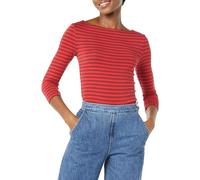 Amazon Essentials Damen Bateau-Ausschnitt T-Shirt mit 3/4-Ärmeln, Schmale Passform, Rot Burgunderrot Streifen, S