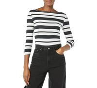 Amazon Essentials Damen Bateau-Ausschnitt T-Shirt mit 3/4-Ärmeln, Schmale Passform, Schwarz Weiß Platzierter Streifen, S