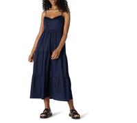 Amazon Essentials Damen Gestuftes Fit and Flare-Maxikleid aus Baumwollsatin mit Empire-Taille, Marineblau, XXS
