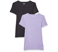 Amazon Essentials Damen Kurzärmeliges T-Shirt mit Rundhalsausschnitt, Schmale Passform, 2er-Pack, Schwarz/Lavendel, L
