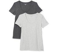 Amazon Essentials Damen Kurzärmeliges T-Shirt mit U-Ausschnitt (Erhältlich in Übergröße), normale Passform, 2er-Pack, Kohlegrau meliert/Hellgrau Meliert, Medium