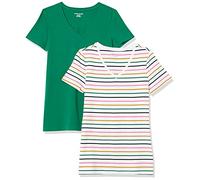 Amazon Essentials Damen Kurzärmliges Regular-Fit-T-Shirt (Varianten mit Rundhalsausschnitt und V-Ausschnitt), Pack of 2, Grün/Weiß Streifen, XS