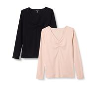 Amazon Essentials Damen Langärmliges Gerafftes Rippstrick-T-Shirt mit V-Ausschnitt, Schmale Passform, 2er-Pack, Schwarz/Zartrosa, XXL