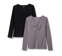 Amazon Essentials Damen Langärmliges Gerafftes Rippstrick-T-Shirt mit V-Ausschnitt, Schmale Passform, 2er-Pack, Grau/Schwarz, M