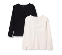 Amazon Essentials Damen Langärmliges Gerafftes Rippstrick-T-Shirt mit V-Ausschnitt, Schmale Passform, 2er-Pack, Schwarz/Eierschalenweiß, S