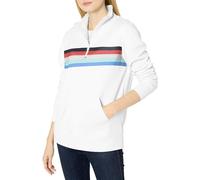 Amazon Essentials Damen Langarm-Oberteil aus Fleece mit Viertelreißverschluss (in Übergröße erhältlich), Rot Weiß Platzierter Streifen, L