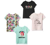 Amazon Essentials Disney | Marvel | Star Wars | Frozen | Princess Mädchen Kurzärmelige T-Shirts, 4er-Pack, Schwarz/Grün/Rosa/Prinzessinnen-Power, 6-7 Jahre