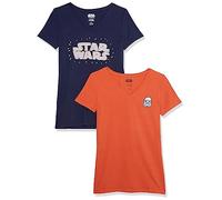 Amazon Essentials Disney | Marvel | Star Wars | Princess Damen Kurzärmeliges T-Shirt mit V-Ausschnitt, Klassischer Schnitt, 2er-Pack, Star Wars Logo, XXL