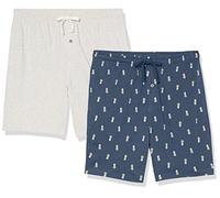 Amazon Essentials Herren 17,8 cm Lange Pyjama-Shorts aus Baumwollstrick, 2er-Pack, Grau Meliert/Indigo Ananas, L