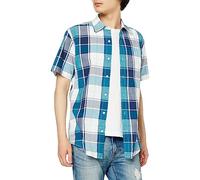 Amazon Essentials Herren Kurzärmeliges Hemd aus Popeline, Normale Passform, Grünblau Weiß Großes Karo, XL